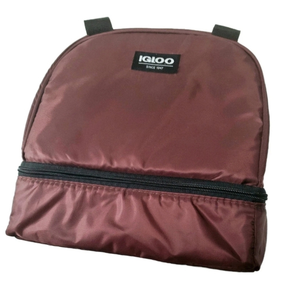 Igloo Lunch Bag Cooler 10x10 Burgundy Insulated  2 Zip Compartments Semi-round